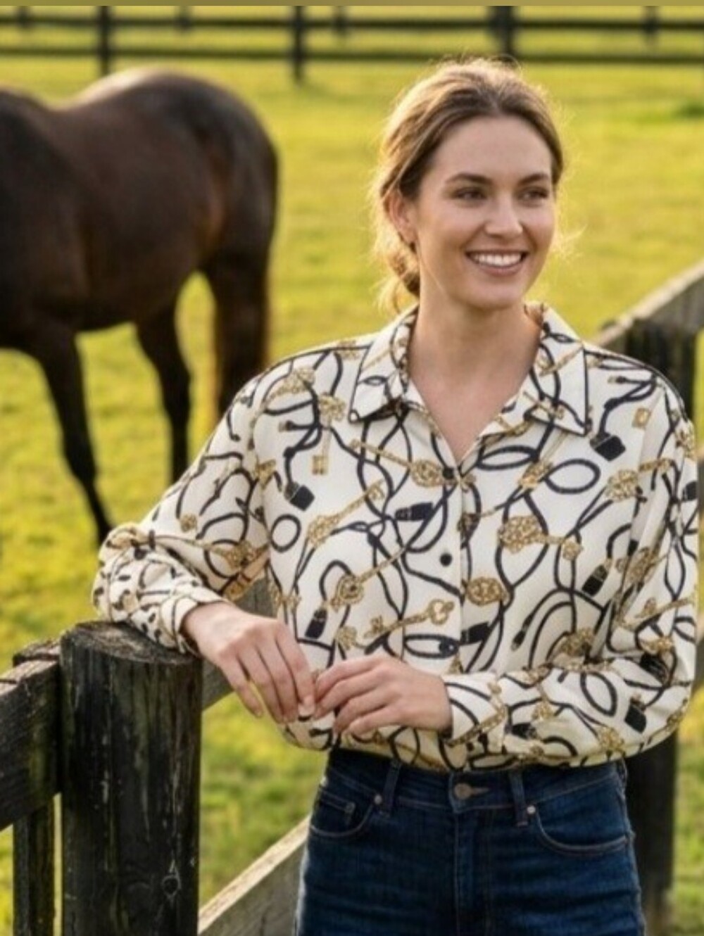 Anna and Frank Top, Size M, 100% Silk, Cream, Gold & Blue, Equestrian